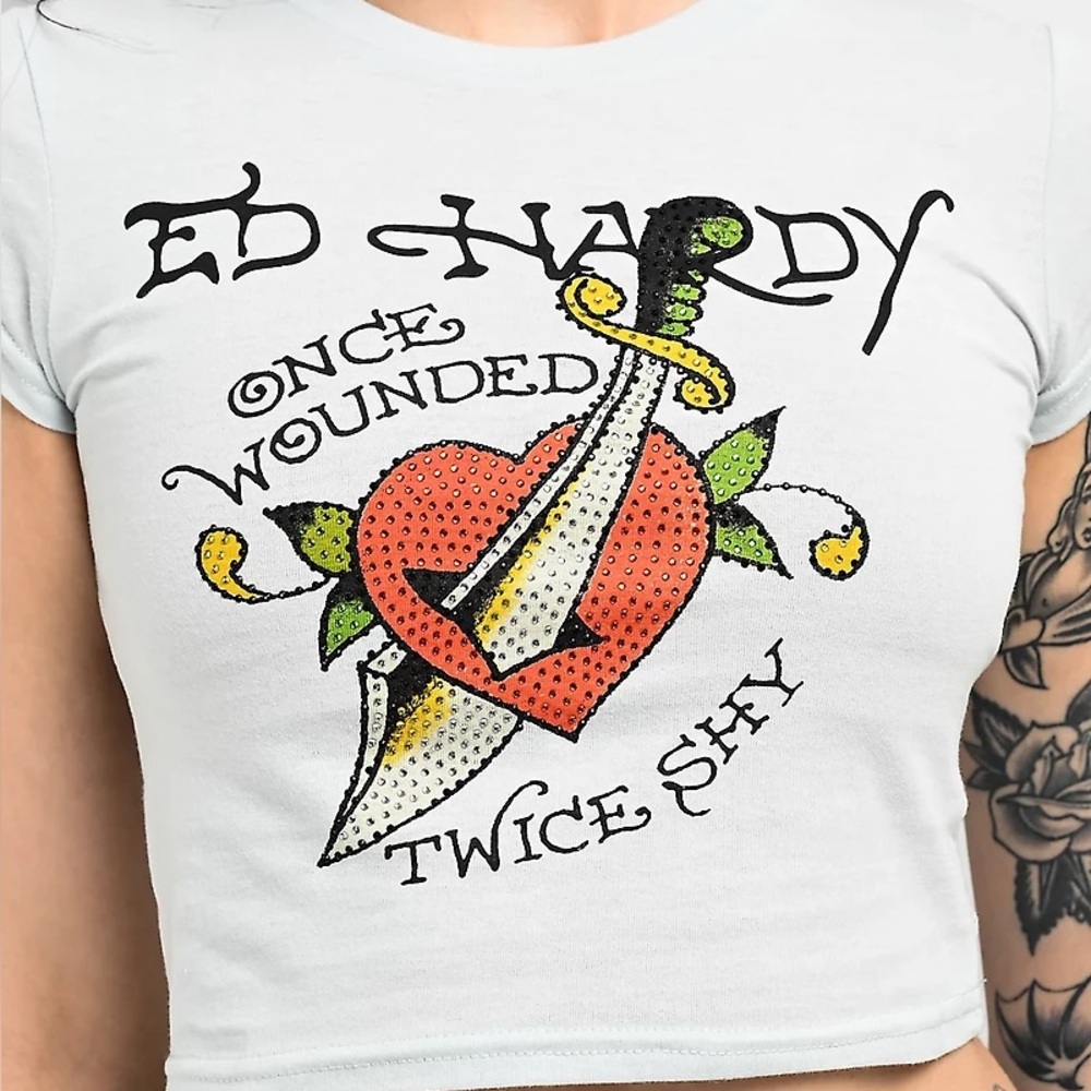 Ed Hardy Women's Once Wounded Baby Tshirt Rhinestones Arctic Blue Size L